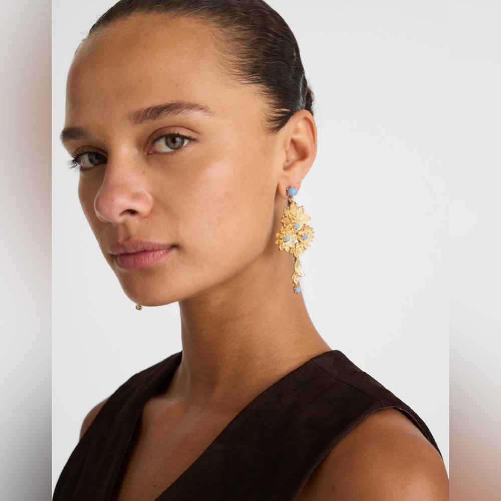 Madewell Semiprecious Floral Chintz Chandelier Earrings, Blue and Gold - Picture 3 of 5